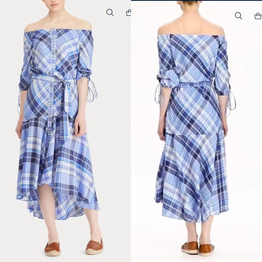 Lauren Ralph Lauren Plaid Off Shoulder Dress Multicolor Madras Plaid Dress 10 - Picture 3 of 16
